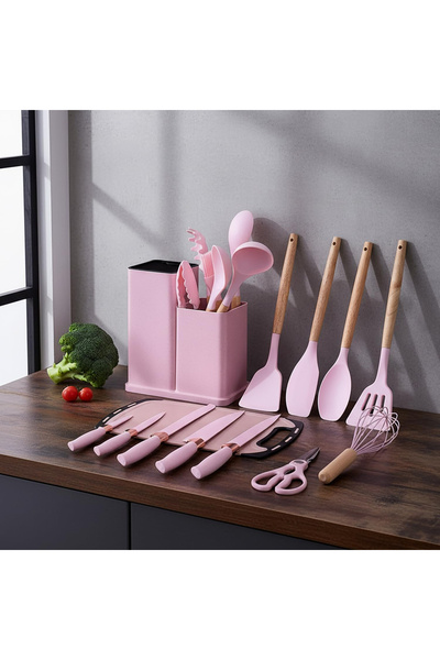 FLYPRO 19 PCS Pink Silicone Cooking Utensils Set with Wooden Handle & Knife S...