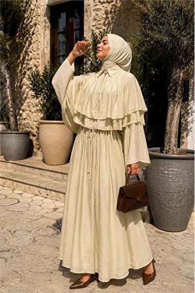Neşeli Butik Women's Beige Layered Cape Detailed Tulle Modal Shirt Collar Hij...