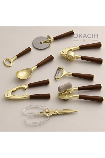 okacih مجموعة أدوات المطبخ المكونة من 8 قطع بمقبض من خشب الأكاسيا الفاخر ولون...