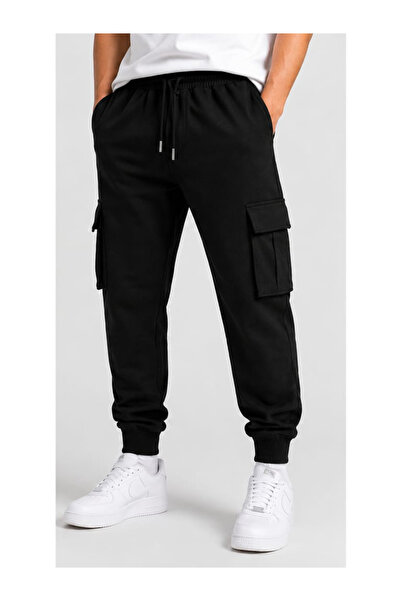 halowear Erkek Siyah Çift Kargo Cepli Eşofman Lastikli Bel Günlük Eşofman