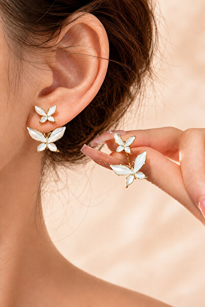 The Collection Double Butterfly Detailed Stoned Women's Gold Earrings