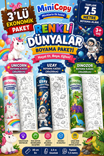 BiWini MiniCopy 3’lü Dev Boyama Kağıdı Seti – 7,5 Metre Eğlence – 3 Farklı Te...