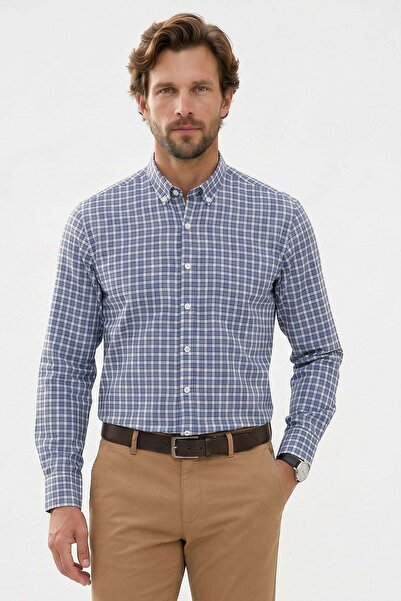 Tudors Men's Regular Fit Classic Cut Button Lapel Small Checkered Cotton Shirt