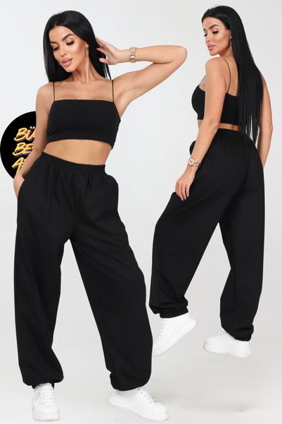 STYKEER Loose Fit Oversize Adjustable Leg Relaxed Fit Black Sweatpants Suitab...