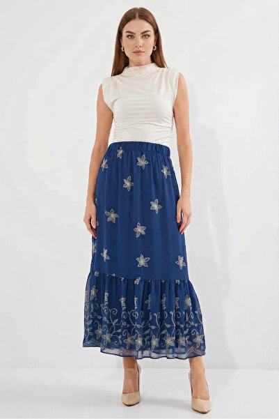 buğrahayalin Women's Ruffled Hem Floral Patterned Chiffon Navy Blue Skirt