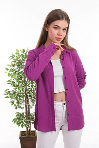 Polologin Butik Mürdüm Viskon Pamuk Kumaş Kadın Gömlek