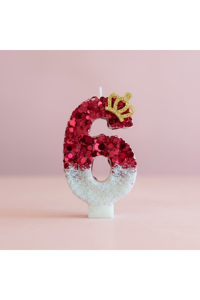 Miki & Miki Fuşya - Simli Taçlı Pasta mumu Doğum günü mum 6 yaş