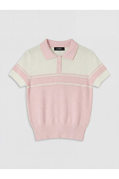 LC Waikiki Pink Polo Neck Striped Women's Knitwear Sweater