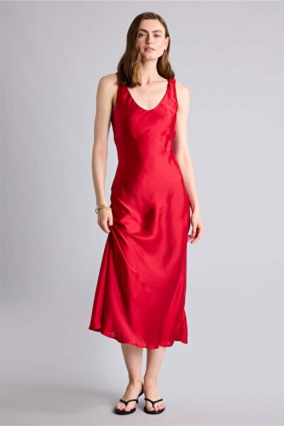 DeFacto V-Neck Satin Sleeveless Maxi Red Dress I0770Ax26Sm