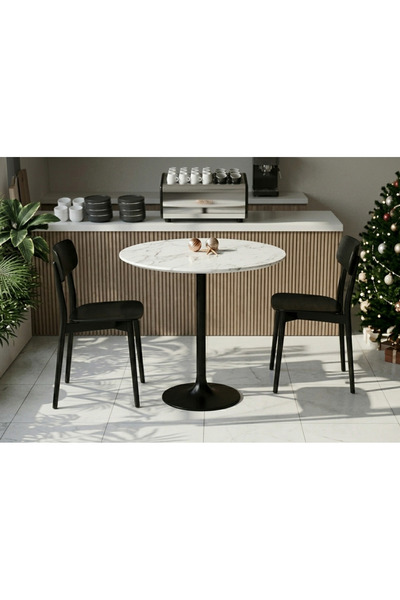 Marb & Home 50 cm Yuvarlak Porselen Carrara Kafe Masa
