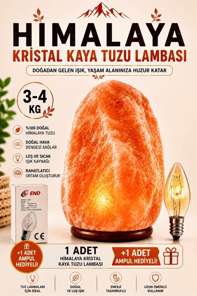ANADOLU HASAT Himalaya Kristal Kaya Tuzu Lambası 3-4 Kg + 1 Adet E14 10W Ampu...