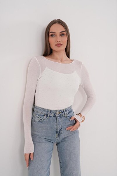 WOMAN VISION Woman White Sheer Stretch Long Sleeve Rhinestone Detail Blouse 216
