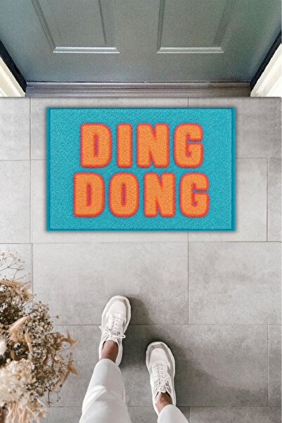 Dormot Dekoratif Dijital Paspas Kişiye Özel Tasarım DING DONG Mavi Kapı Önü P...
