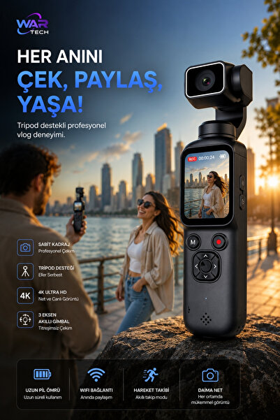 Wair Teknoloji 4K Ultra HD Vlog Kamera 75MP WiFi Yapay Zeka Yüz Takipli 330° ...