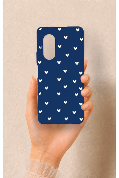 Vip Case Huawei Nova 9Se Uyumlu Mini Beyaz Kalp Lacivert Desenli Silikon Kılıf