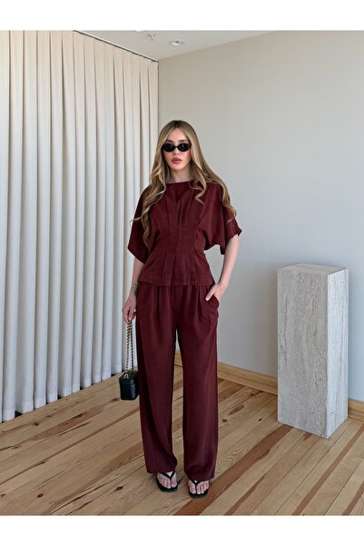 Laluvia Burgundy Bat Sleeve Waist-Fitted Blouse Loose Trousers Set - 650008