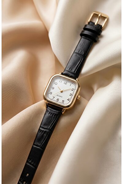 KLISHE Butik Classic Women's Steel Watch Gold Color Square Case Black Leather...