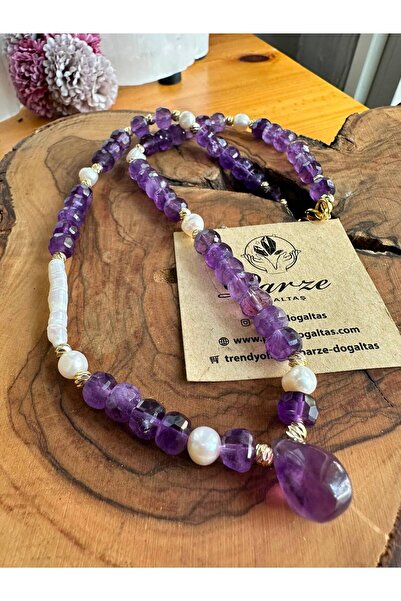 parze doğaltaş Crystal Disc-Cut Amethyst Stone and Pearl Design Necklace