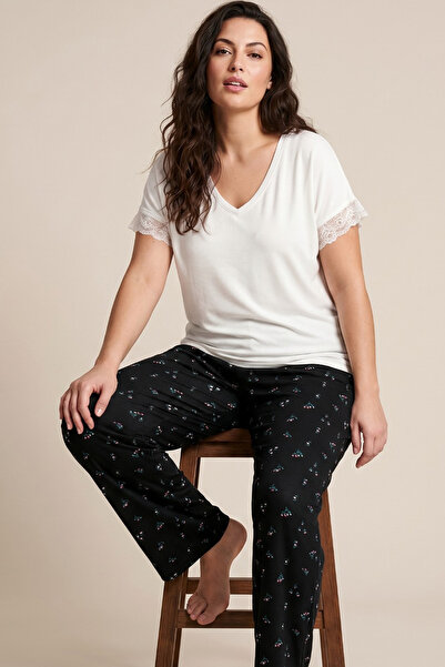 Siyah İnci Ecru Patterned Large Size Oversized Viscose Knitted Pajama Set
