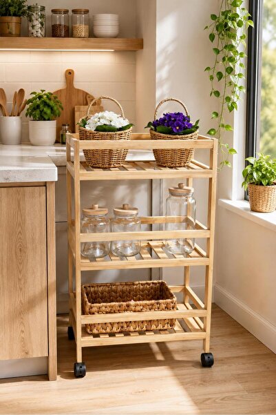 İLİVA 3 Katlı Bambu Mutfak Rafı Tekerlekli Çok Amaçlı Organizer – Modern Depo...