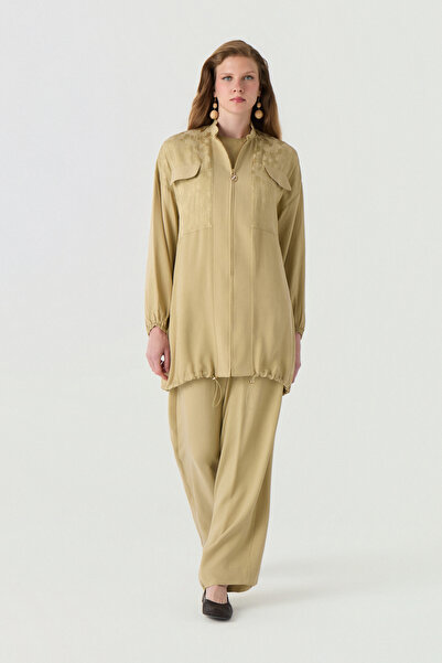 Zühre Zippered Pattern Detailed Drawstring Beige Jacket 0188