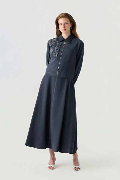Zühre Embroidery Detailed Zippered Shirt Collar Navy Blue Suit 1741