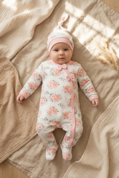 Babydonat Fiyonklu Çiçek Desenli Kız Bebek 4'lü Tulum Seti %100 Pamuk
