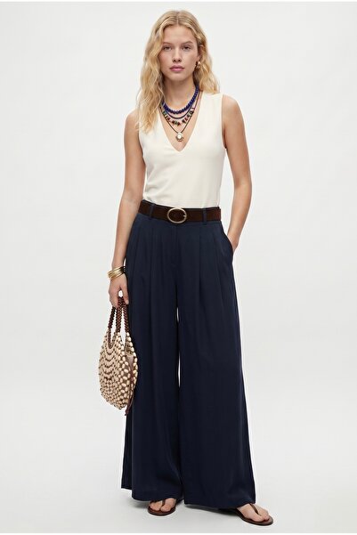 Ritnice Women's Aviva Woven Modal Belted Waist Elastic Ultra Wide Leg Navy Bl...