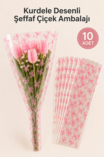 Sellor 10'lu Kurdele Desenli Şeffaf Çiçek Ambalajı 25x50 cm Buket Paketleme P...