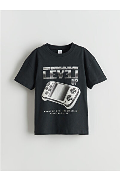 LC Waikiki New Season Anthracite Crew Neck Printed Boys' T-Shirt