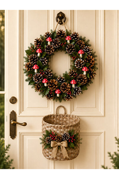 Marrone Conifer Door Ornament and Door Basket Wicker Basket