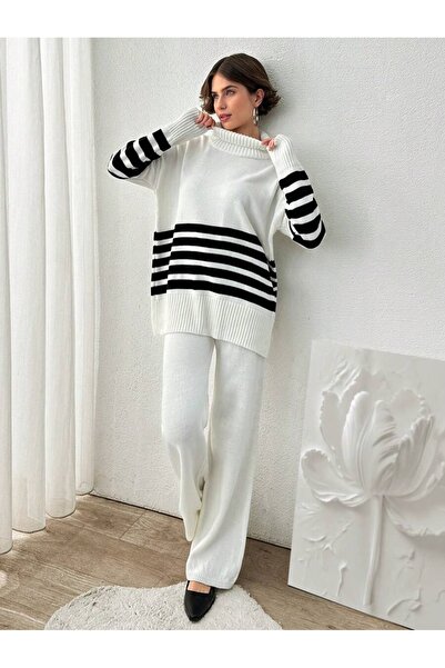 Iuliashop Knitted Set with Lynna White Pants with Black Stripes - S