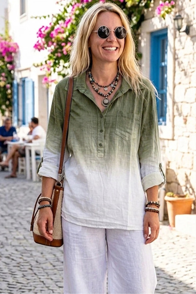 alle moda %100 Keten Düğmeli Gömlek Yaka Degrade Katlanabilen Kollu Salaş Ket...