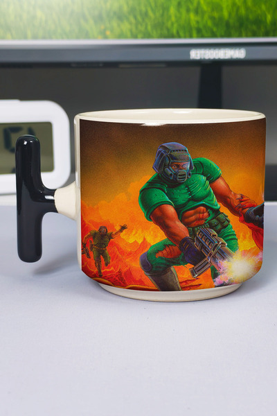 ZipZap كوب سيراميك فاخر مطبوع عليه DOOM (قطعة واحدة) بمقبض أسود خاص على شكل ح...