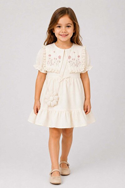 dinamik çocuk Girl's Scalloped Collar Vintage Dress with Floral Bag-Like Appe...