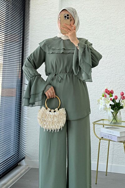 MODİVA MİX Women's Volan Layered Collar Ruffled Hijab Wide Leg Chiffon Two-Pi...