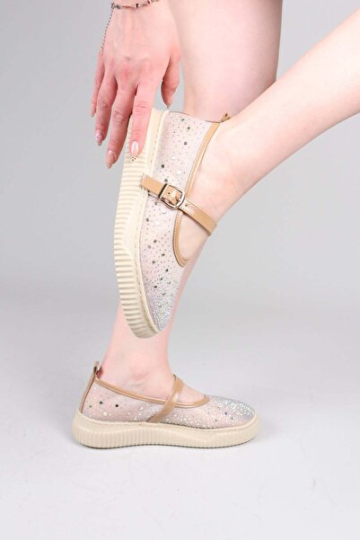 Birikon Banfo Stone Embellished Mesh Ballerina Beige