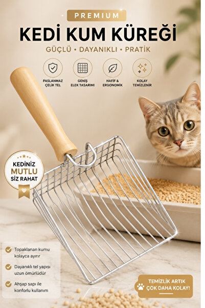 ego home Paslanmaz Çelik Kedi Kum Küreği Ahşap Saplı Profesyonel Kum Eleme Da...