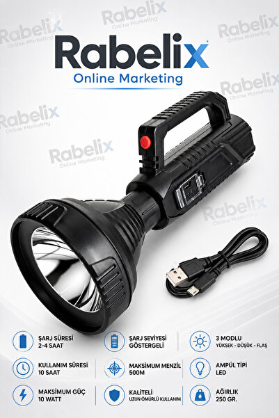 Rabelix Online Marketing 500 Metre Menzil LED Projektör El Feneri USB Şarjlı ...