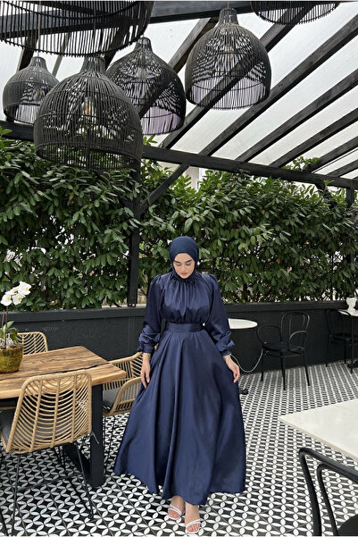 Nika Fashion Lia Lacivert Önü Büzgülü Şanel Saten Kumaş Lüks Tesettür Abiye E...