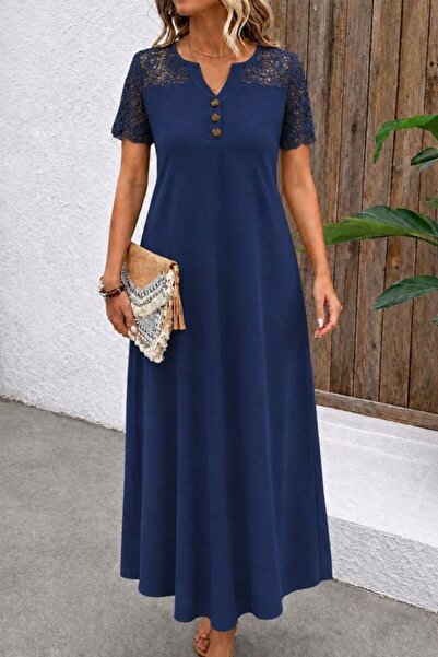 Wear Up Women's Short Sleeve Lace Button Detailed Long Waffle Dress