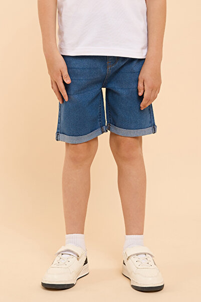R&B Washed Denim Shorts with Button Closure