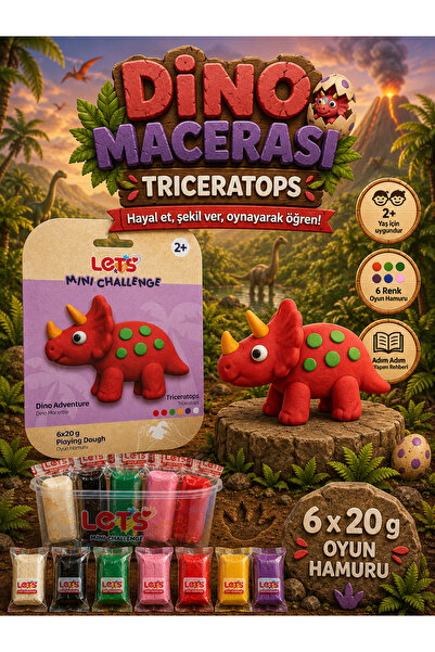 Lets Mini Challenge 5 Renk Dino Macerası Triceratops Oyun Hamuru 120g
