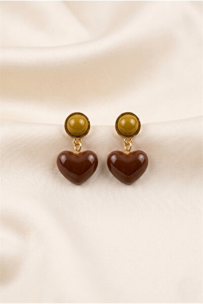 Pelin Aksesuar Khaki Green and Brown Heart-Shaped Gold Color Dangle Earrings