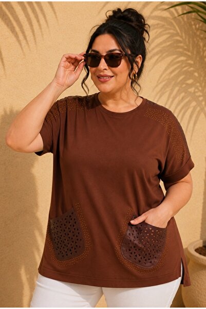 FOR ESRA BIG TREND Women's Plus Size Shoulder Pocket Laser Cut Faux Leather D...