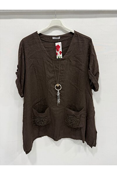 della moor Women's Brown Italian Folded Short Sleeve Oversize Linen Tunic 40 ...