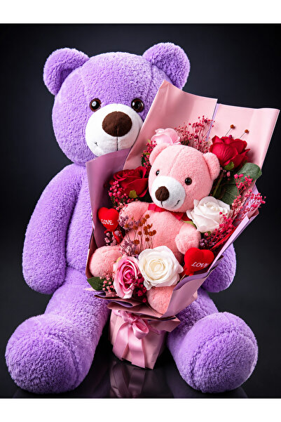 Linalux Gifts 90cm Mor Büyük Peluş Ayıcık Pembe Ayıcıklı Çiçek Buketiyle Doğu...