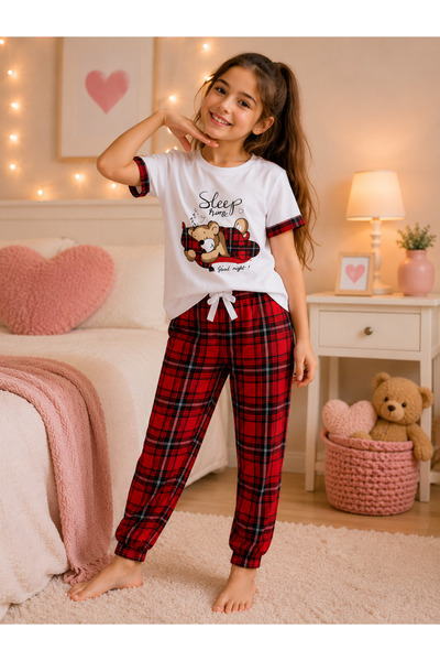 SERPİL Kadın Sleep Time Ayıcık Baskılı Ekose Pijama Takımı Rahat Ev Giyim