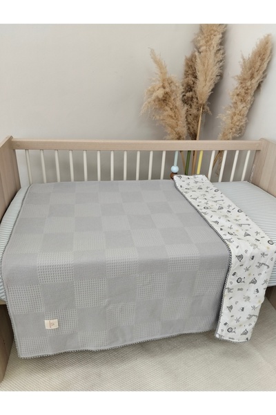 MAMARADUGA Double-Sided Tiny Row Pompom Baby Blanket Gray Lion - Safari Waffl...