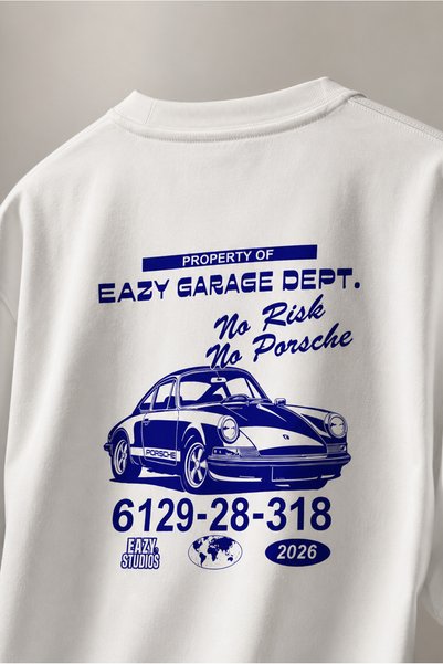 Eazy Co Tricou oversize unisex EAZY, 100% bumbac, alb, cu imprimeu Garage Dept